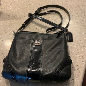 Coach Cross-Body Bag - Black Pebbled Leather with Black Patent strap and trim.
